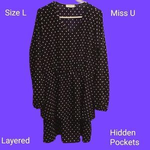 ⭐️5/$25 SALE Women's Miss U Navy Blue and White Polka Dot Layered Dress Size L
